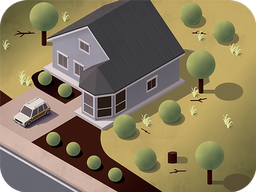 Simple house with trees and bushes